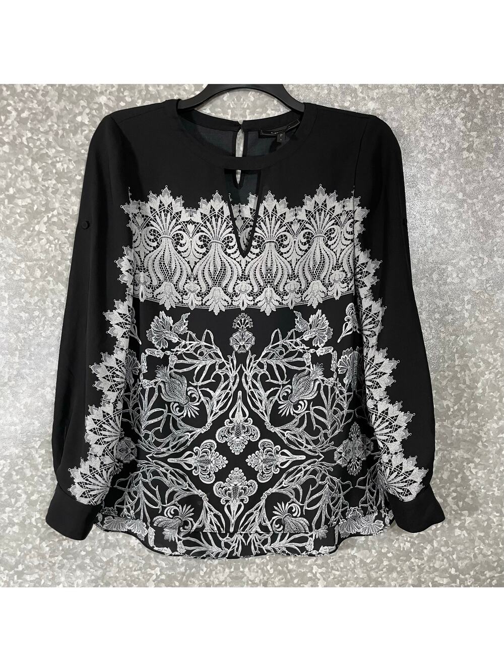 BCBGMAXAZRIA Womens Black & White Lace Print Blouse - Size Small - Romantic Goth